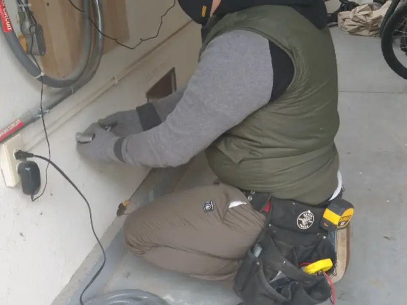 Electrician performing outlet wiring in a St. James garage